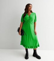 New Look Curves Green Ribbed Ruched Frill Hem Midi Dress